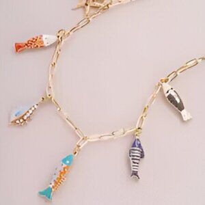 Colorful Sardine Mediterranean Fish Charm Necklace in Gold Tone, 20"